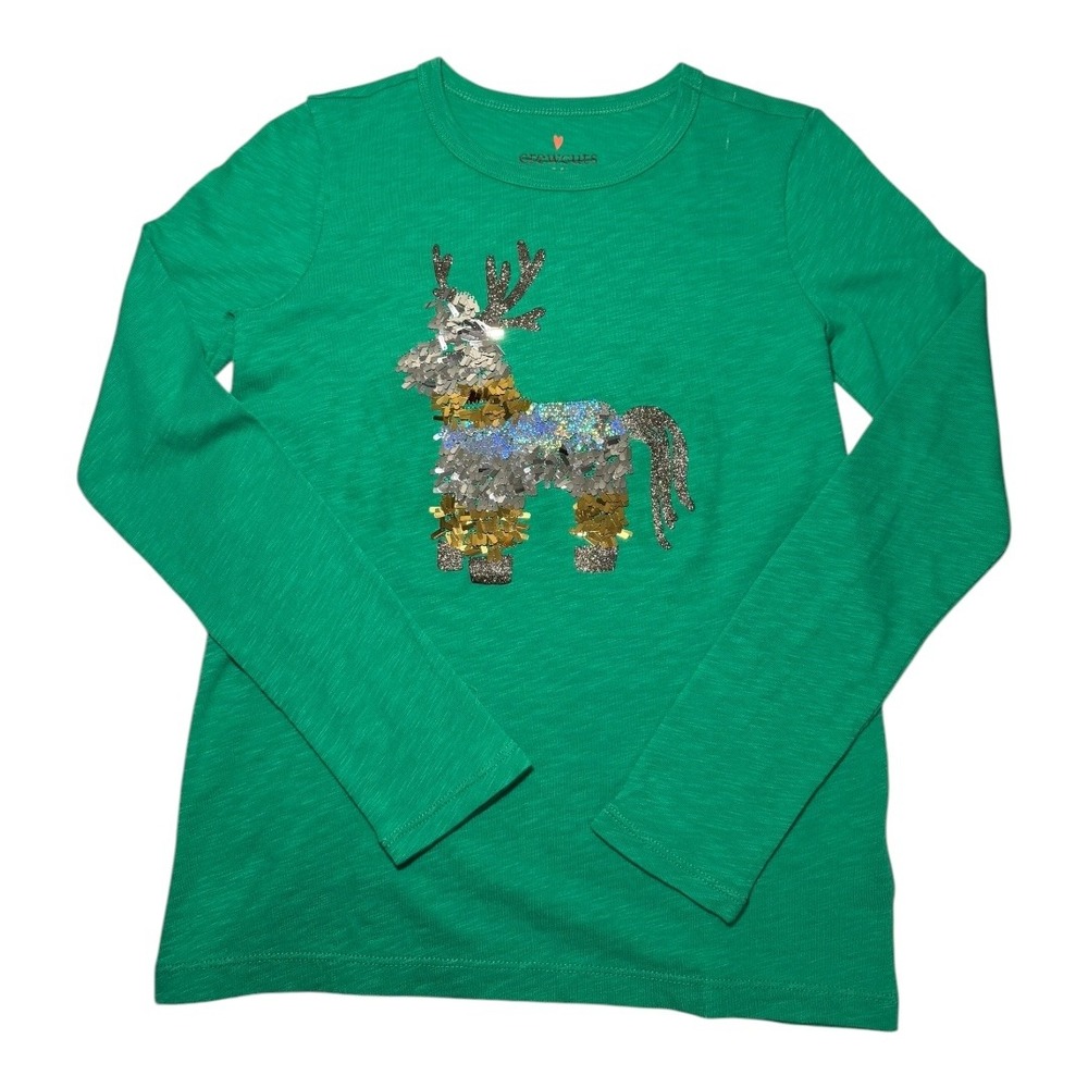Crewcuts Green Long Sleeve Reindeer Sequin Christmas Holiday Shirt Kids L 10-11